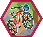 mountain bike and helmetwith boulder in woods on hexagon magnet