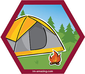 Yellow dome tent and campfire on hexagon magnet, I'm amazing magnetic personality