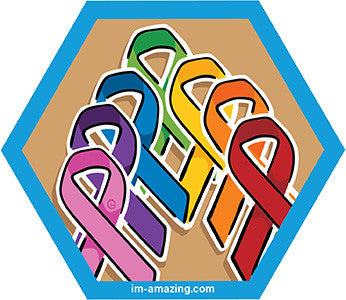 seven rainbow colored ribbons on hexagon magnet