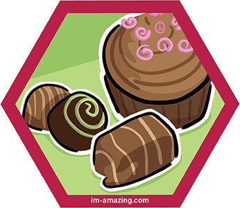 three chocolates and a frosted cupcake on hexagon magnet, I'm amazing magnetic personality