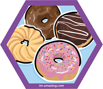 four frosted donuts on hexagon magnet, I'm amazing magnetic personality