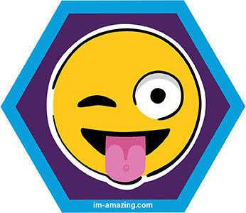 Wacky, winking, tongue out emoji face on hexagon magnet, I'm amazing magnetic personality