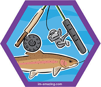 rainbow trout with flyfishing and spin reel on hexagon magnet, I'm amazing magnetic personality