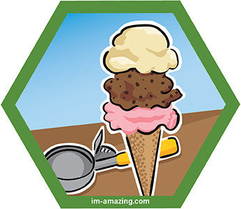 vanilla, chocolate and strawberry ice cream cone with scoop on hexagon magnet