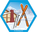 alpine skis and poles in snow by lodge on hexagon magnet