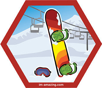 colorful snowboard and goggles in swow with ski lift on hexagon magnet