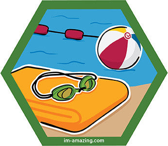 swim goggles, towel, beach ball by pool on hexagon magnet